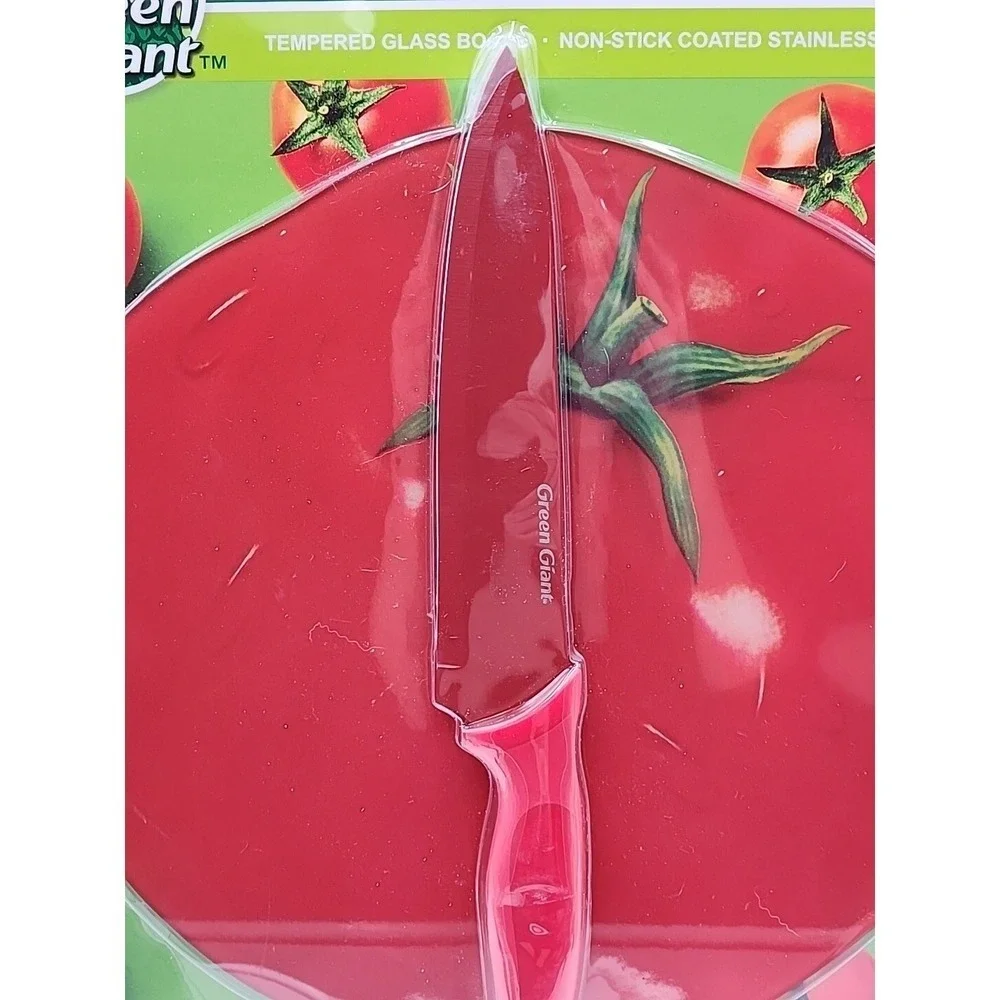 NEW Jolly Green Giant Tempered Glass Cutting Board And Knife Set Tomato